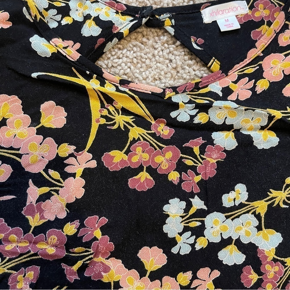 Xhilaration Dress Womens Medium Black Multicolor Floral Tie Sleeve - Picture 4 of 11
